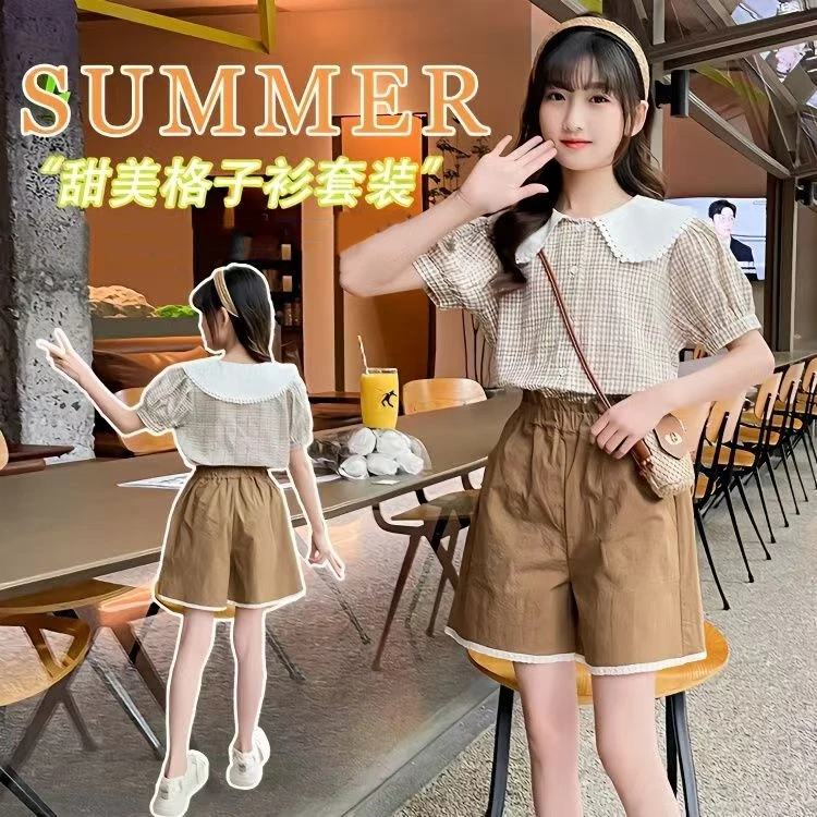 女童夏装套装新款洋气格子短袖娃娃衫中大儿童韩版花边短裤两件套