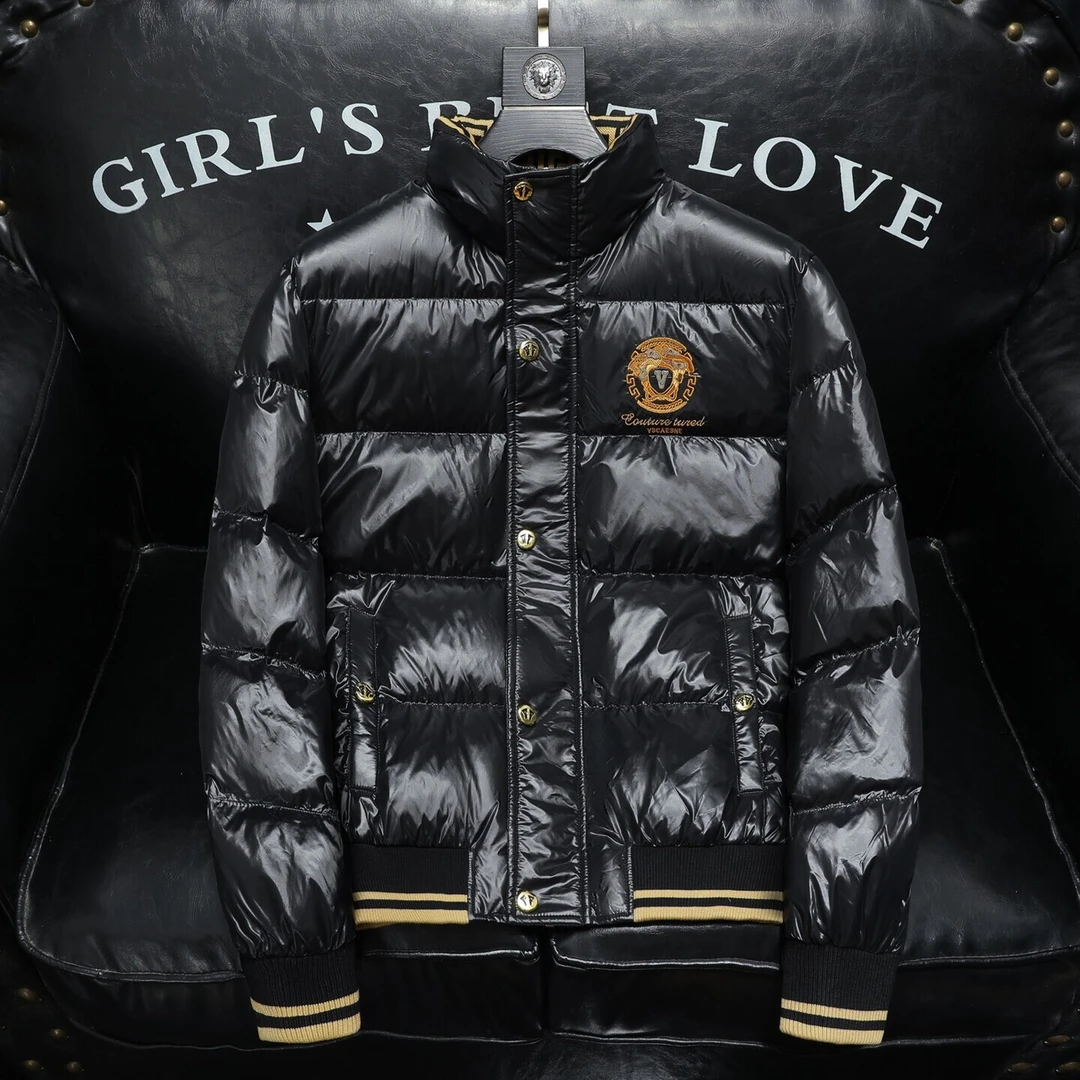 顿奇摩费涅刺绣修身亮面白鸭绒立领羽绒服男士冬外套加厚潮牌绣花