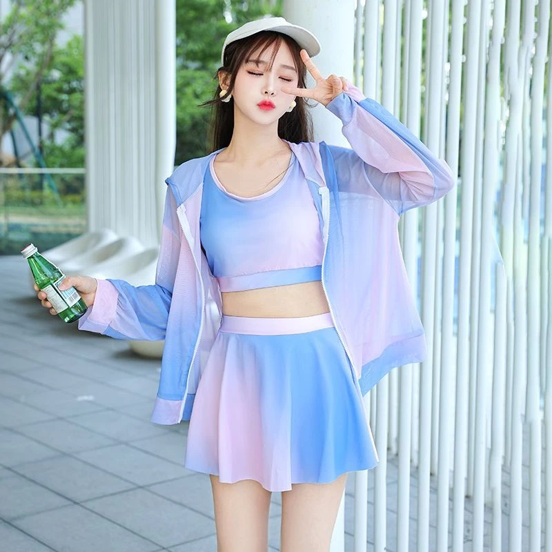 新款泳衣女罩衫保守长袖防晒海边度假三件套分体裙式显瘦遮肚温泉