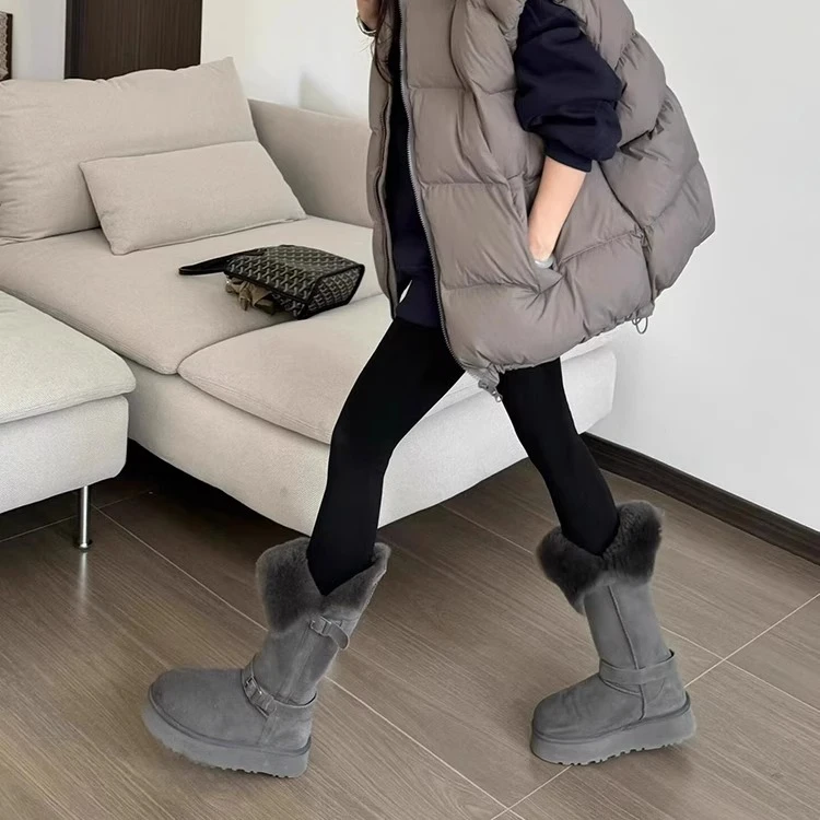 【DR正品】显白显腿长！灰色厚底增高毛毛短靴高筒靴保暖东北雪地靴