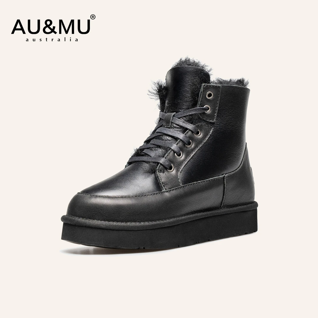 AUMU男女款澳洲羊皮毛一体雪地靴光面牛皮防水加绒加厚中筒靴3135