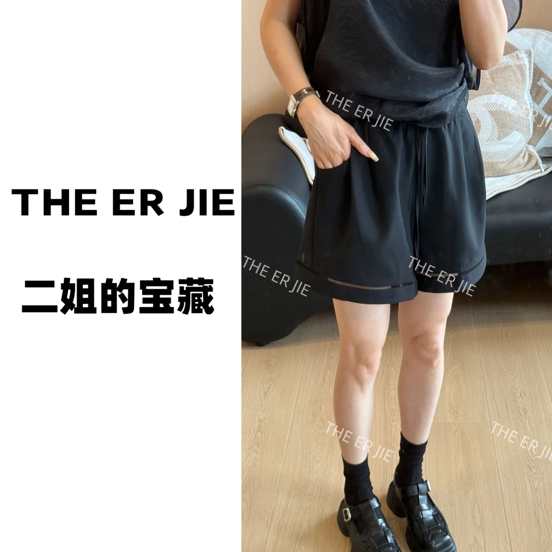 二姐的宝藏夏季新款时尚百搭简约抗褶皱镂空拼接抽绳短裤#25217