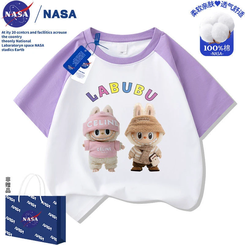 夏季新款儿童拉布布插肩纯棉短袖labubu中大童装T恤休闲上衣