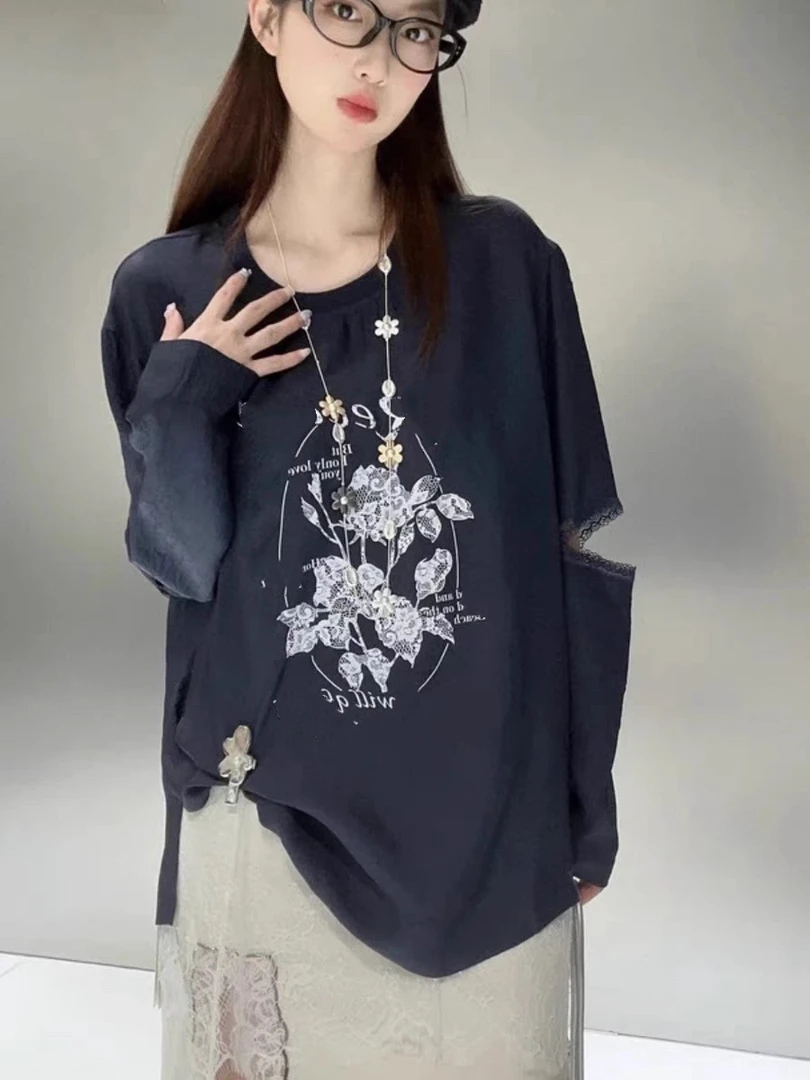 【9570】伊#字母印花开口袖圆领宽松上衣