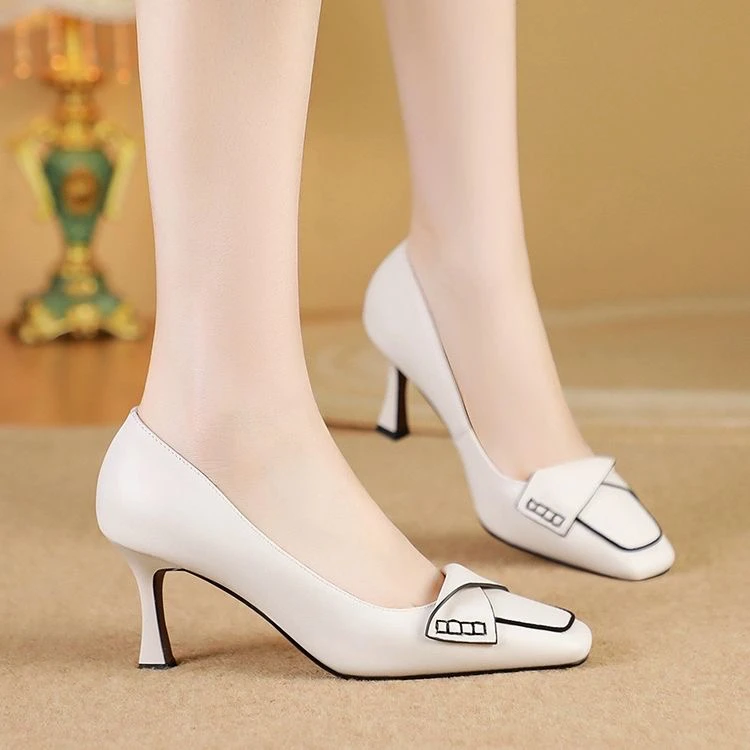 2025年气质高跟鞋女细跟一脚蹬女鞋耐磨百搭浅口真皮女士鞋子单鞋