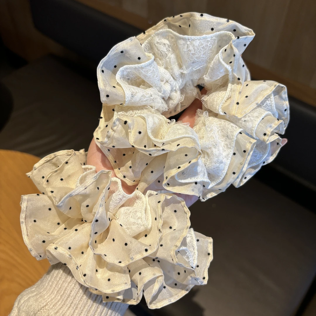 韩国气质波点褶皱大肠发圈时尚文艺感蕾丝边扎马尾丸子头头绳发饰