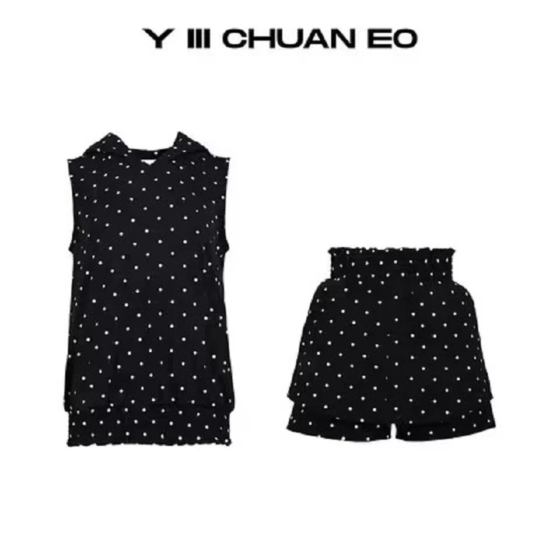 Y III CHUAN EO一川原创春夏薄款甜美波点针织连帽背心套装