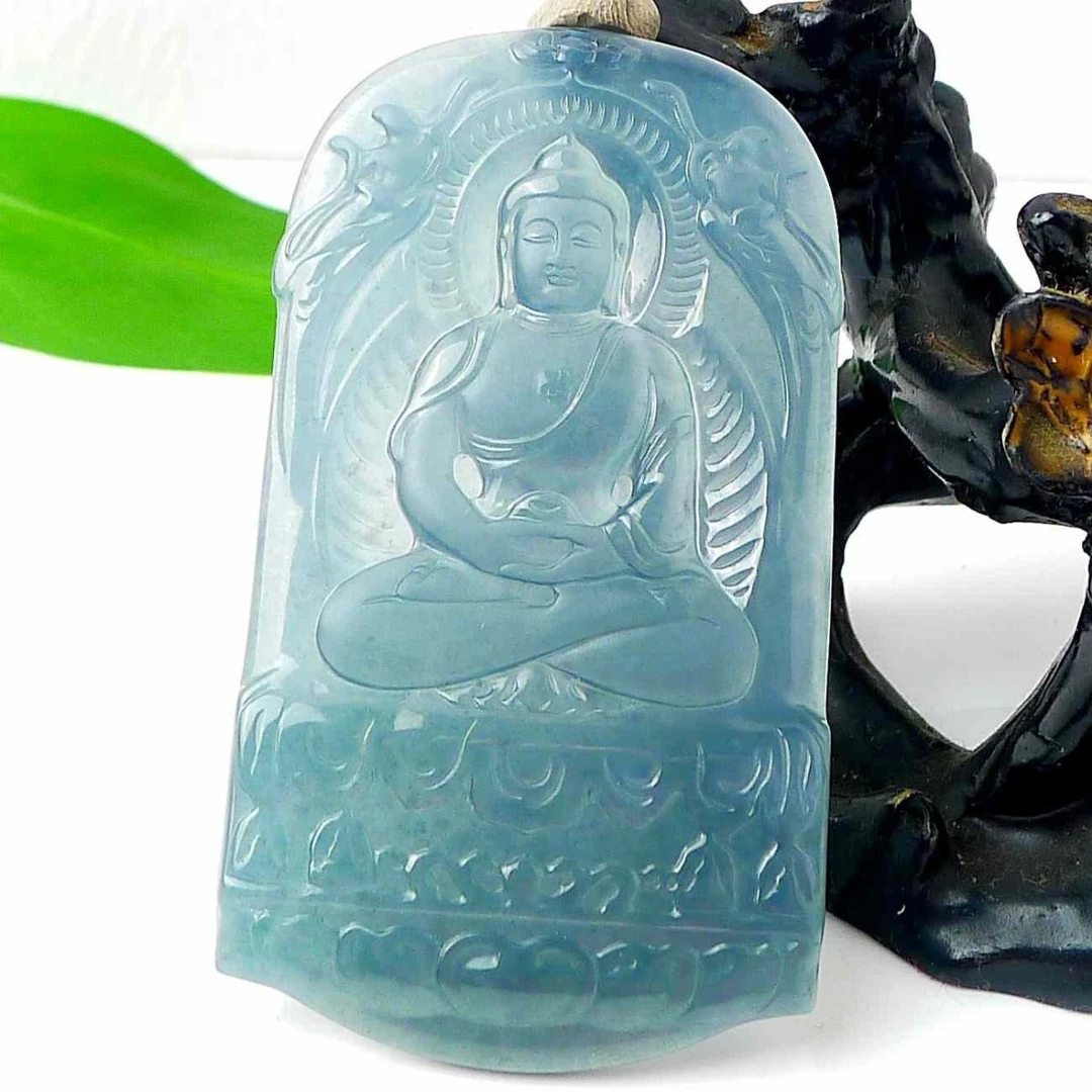 天然A货翡翠纯手工雕刻高冰天空蓝阿弥陀佛吊坠狗生肖守护神