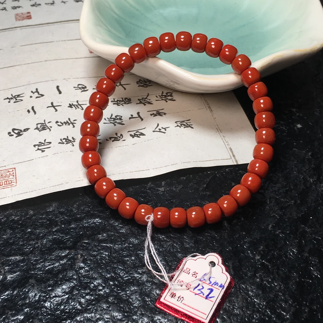 【朱锦南红】天然川料南红玛瑙满色满肉柿子红老型手串6.5mm13.2g