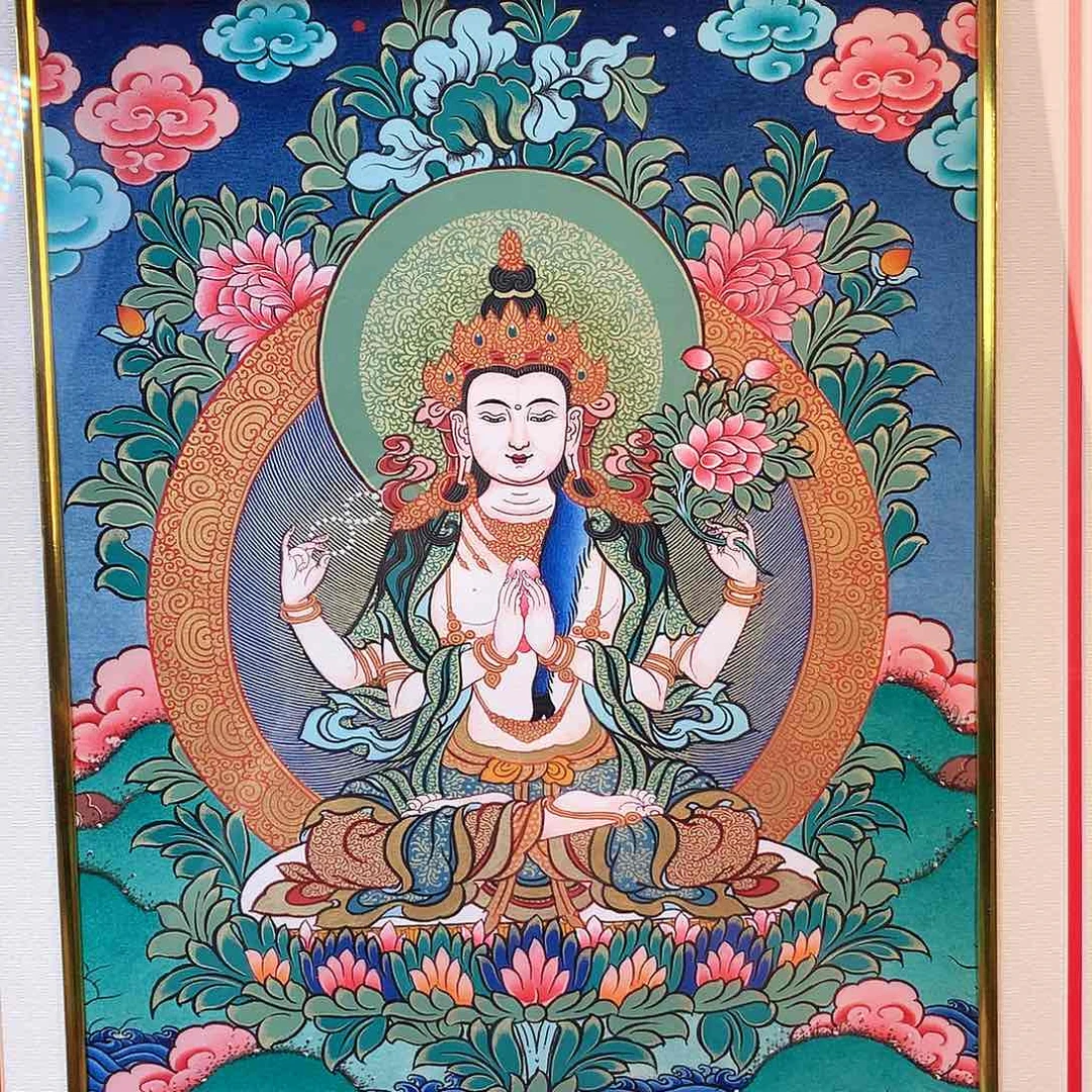 吊坠澎****店热贡纯手绘唐卡四臂观音