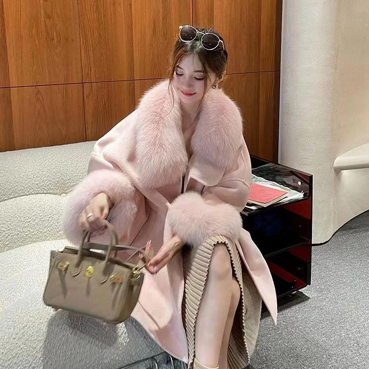 2025年秋冬新款狐狸毛大衣超大宽松毛领落肩袖毛呢中长款女外套