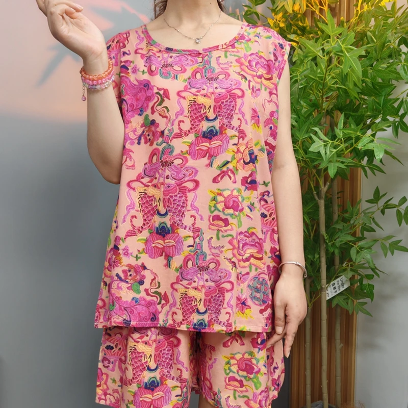 夏新款绵绸女无袖大码套装中老年休闲居家服两件套妈妈可外穿睡衣