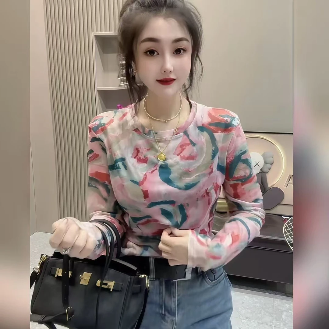 大码女装—9823夏季网纱粉色防晒T恤女显瘦时尚百搭薄款长袖上衣
