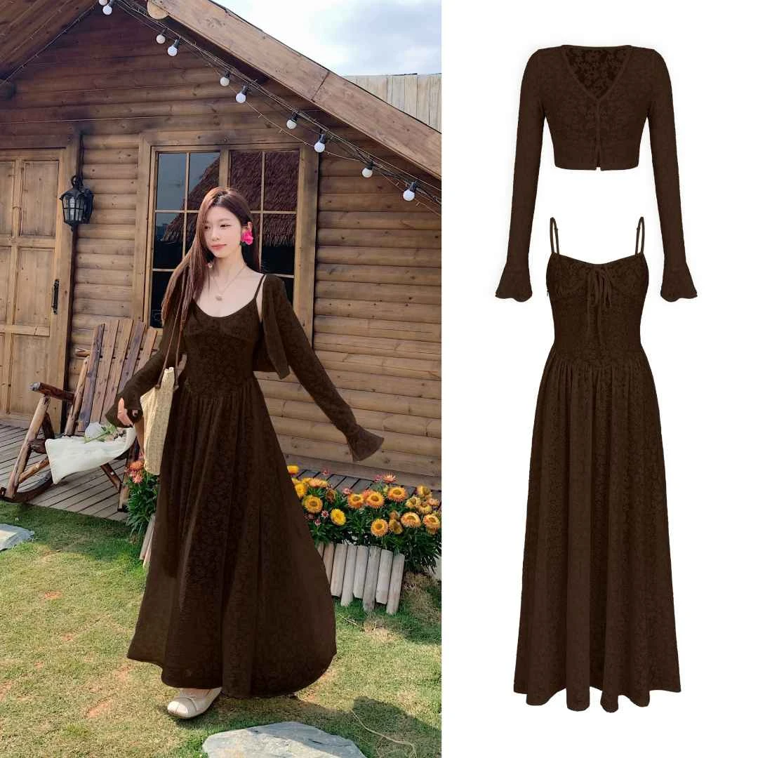 蕾丝针织外搭开衫防晒罩衫+蕾丝提花针织掐腰连衣裙C 9066#