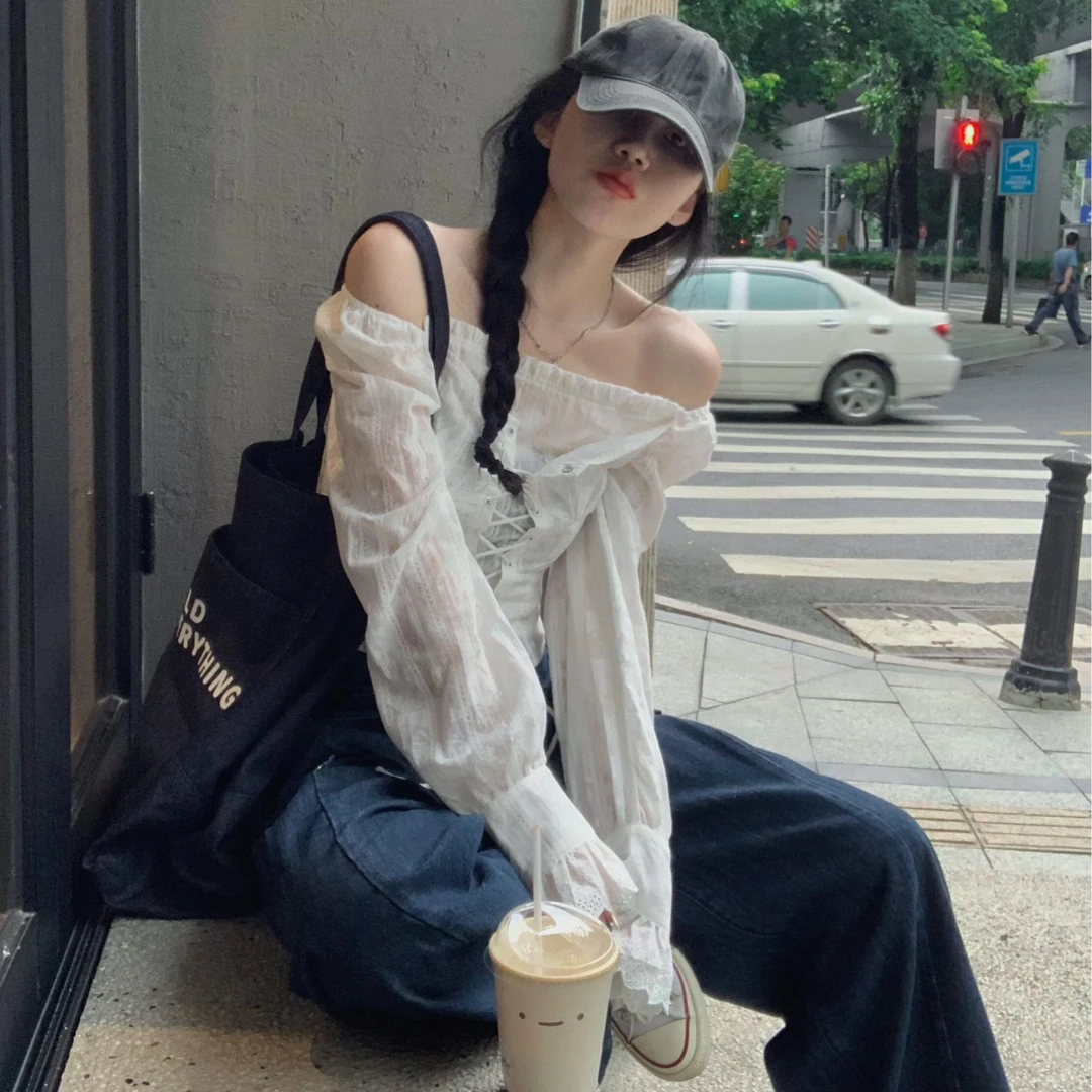 韩系穿搭系带收腰一字肩白色衬衫女初秋季法式高级感长袖chic上衣