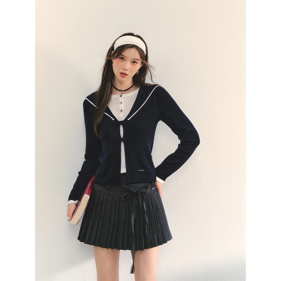 AsGony海军领蝴蝶结针织假两件上衣