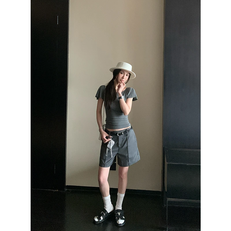 SKK6.27/20点 臀腿高光裤 老钱风直筒阔腿西装短裤女夏A字休闲裤