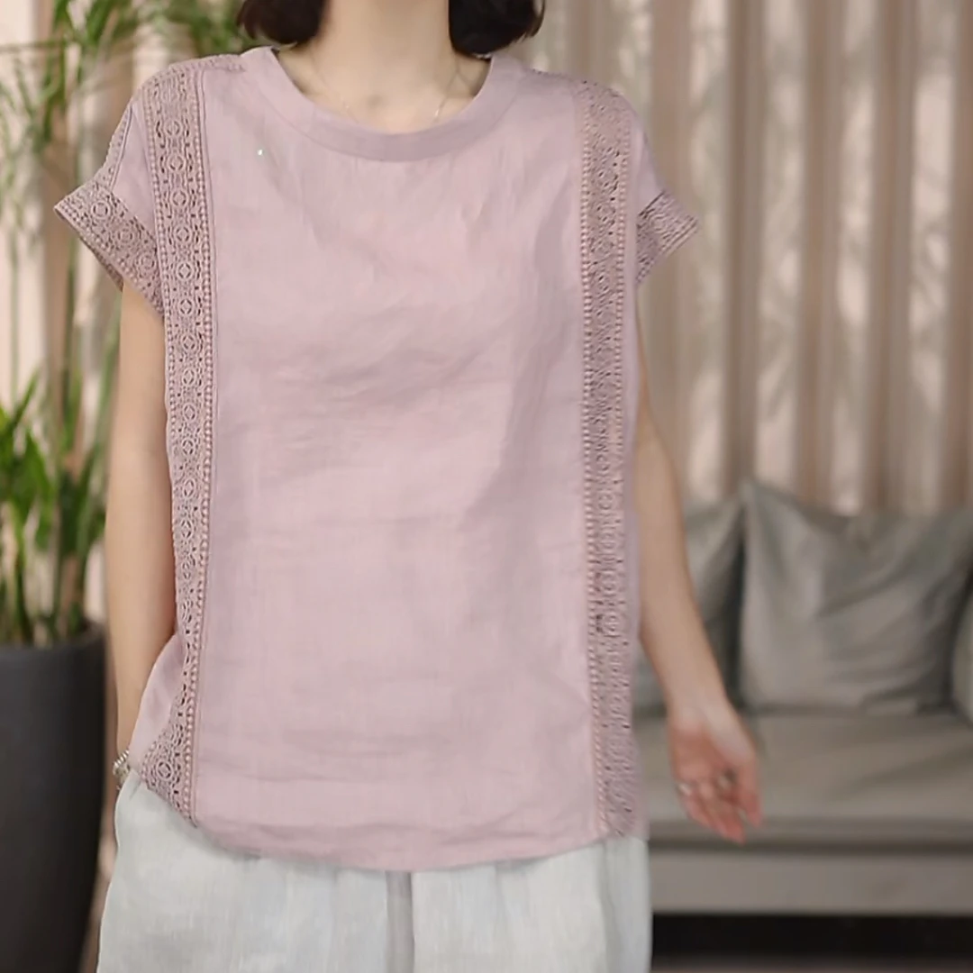休闲时尚镂空圆领拼接短袖圆领T恤2025夏季新减龄休闲上衣时尚