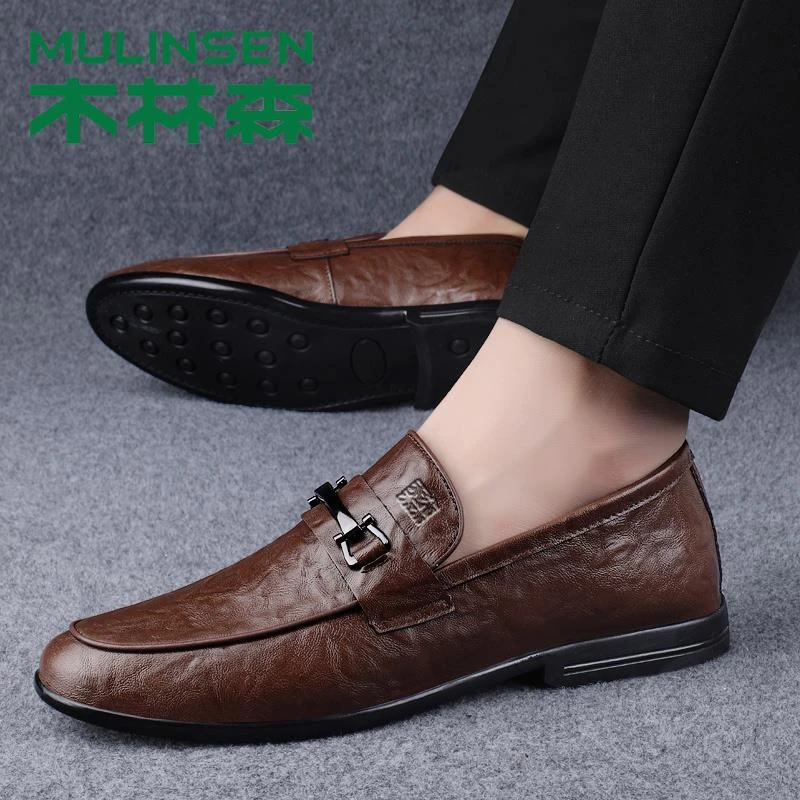 木林森男鞋2025夏季新款真皮软底透气皮鞋男士带跟高档商务休闲鞋