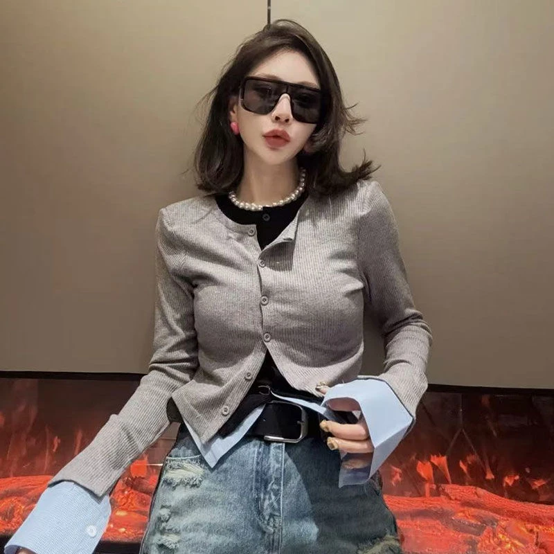 4920多巴胺外穿拼接假两件上衣2025春新款时尚减龄学院风条纹衬衫