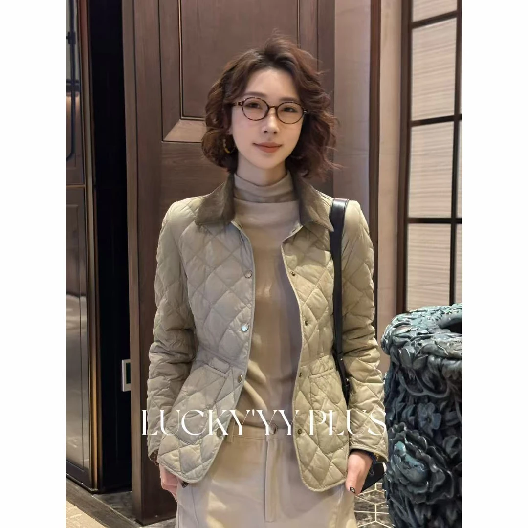 LUCKYYY 【华尔街】90白鸭绒菱形格小翻领修身显瘦羽绒外套 B2116