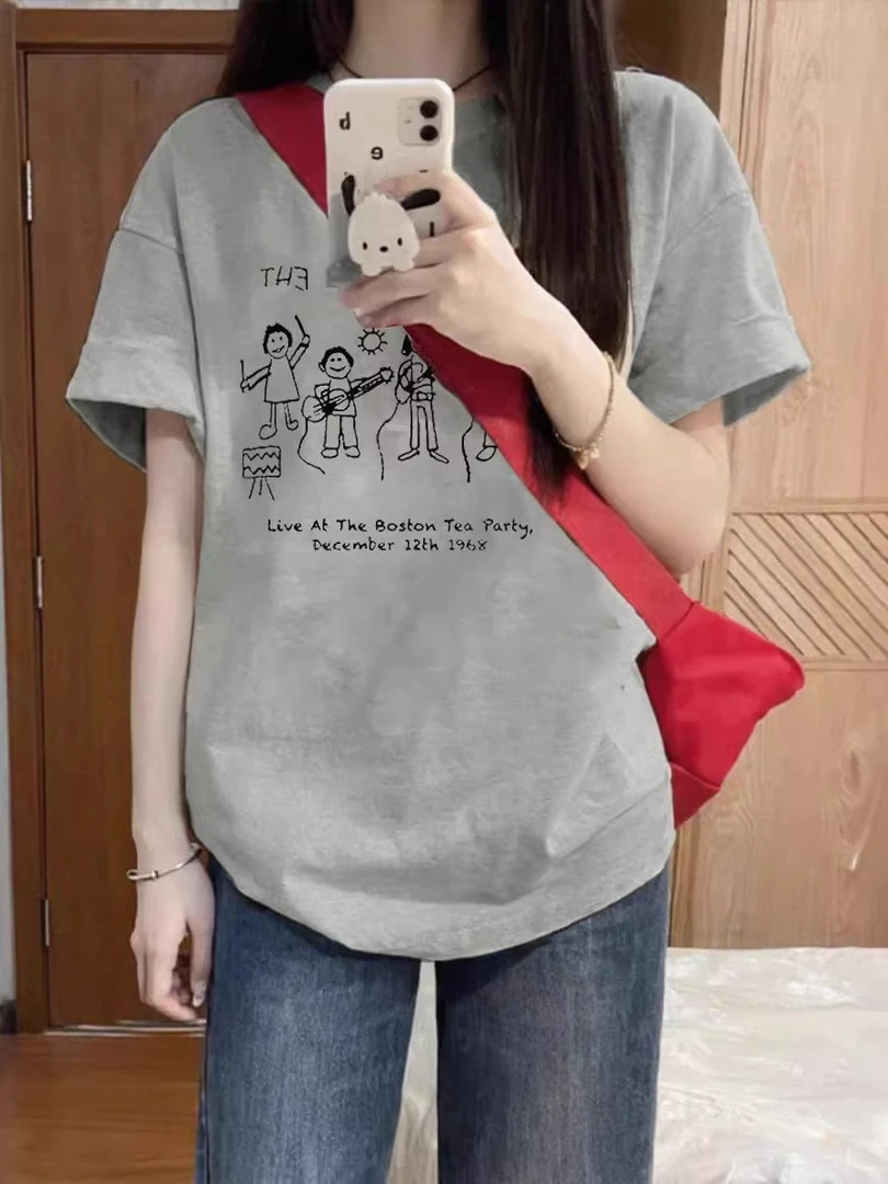 纯棉灰色正肩短袖t恤女印花新款夏季美式宽松半袖设计感小众上衣