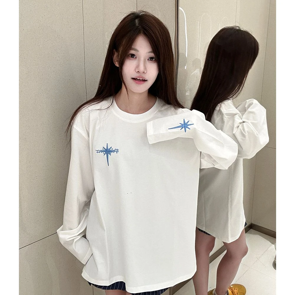 春秋时尚纯棉小众T恤韩版纯欲懒惰风女装休闲ins时髦宽松打底上衣