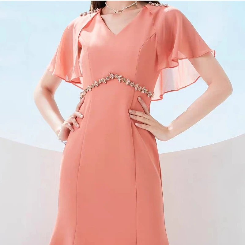 2315-B-5-7-3 高端修身显瘦鱼尾裙夏季新款名媛气质披肩V领连衣裙