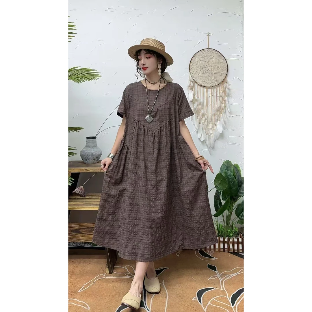5016夏季新款清凉气质时尚复古遮肚宽松女显瘦百搭圆领休闲连衣裙