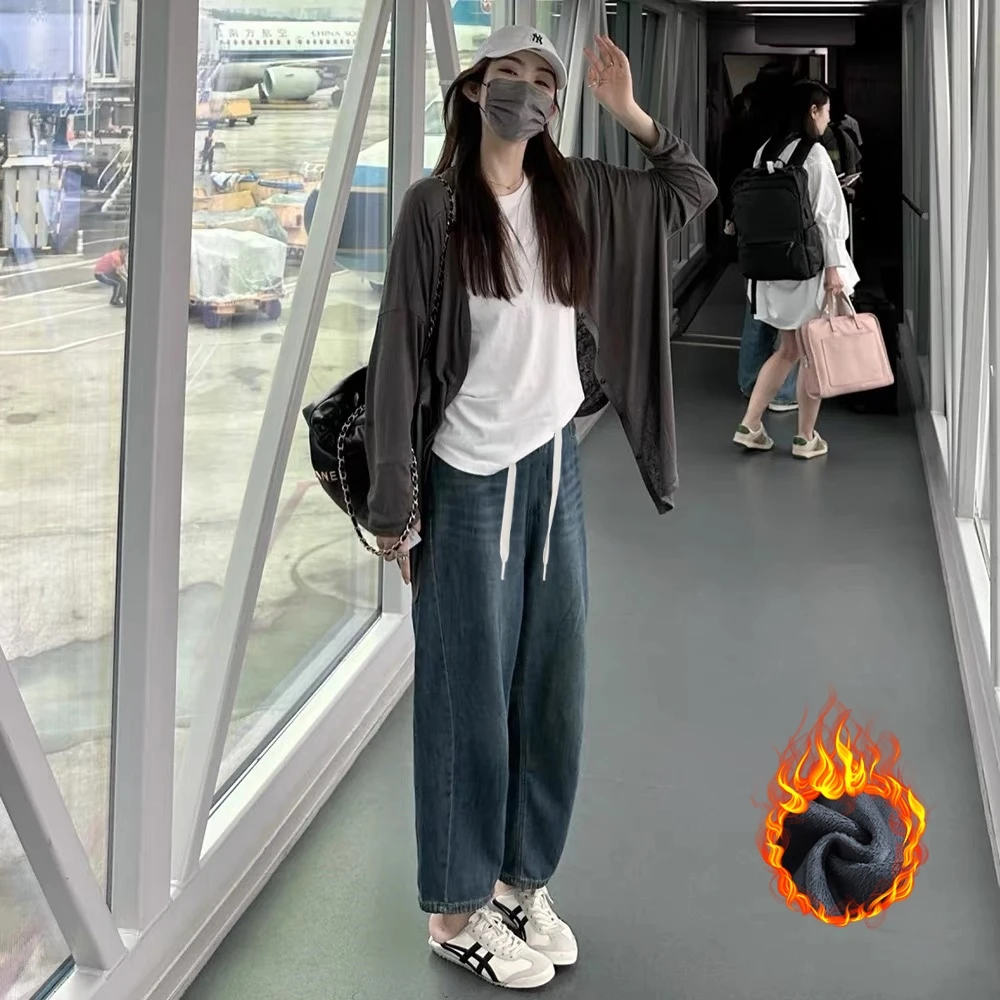 孕妇牛仔裤加绒加厚秋冬季有口袋外穿镰刀裤孕妇装宽松休闲哈伦裤