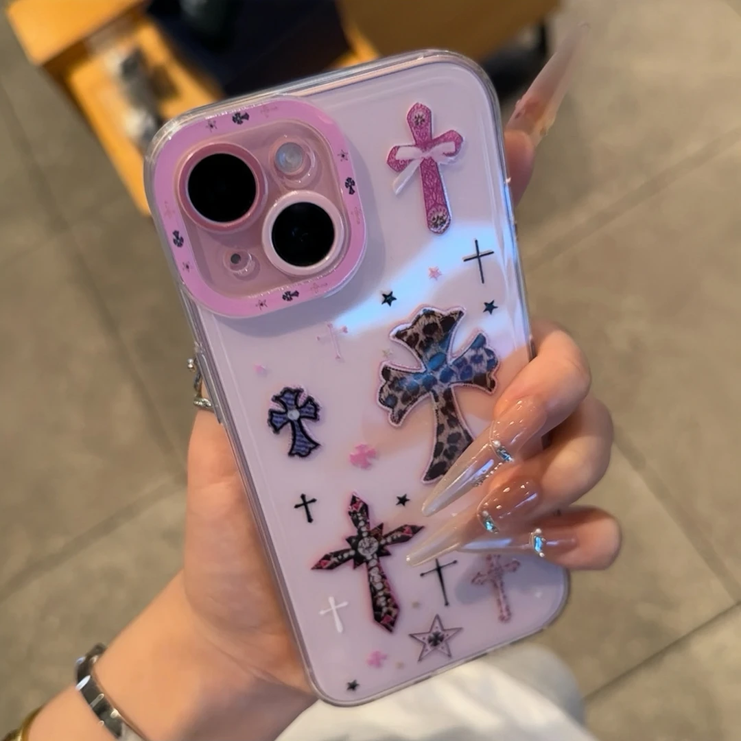 甜酷豹纹克罗心适用苹果16promax手机壳华为70vivo小米15oppo十字