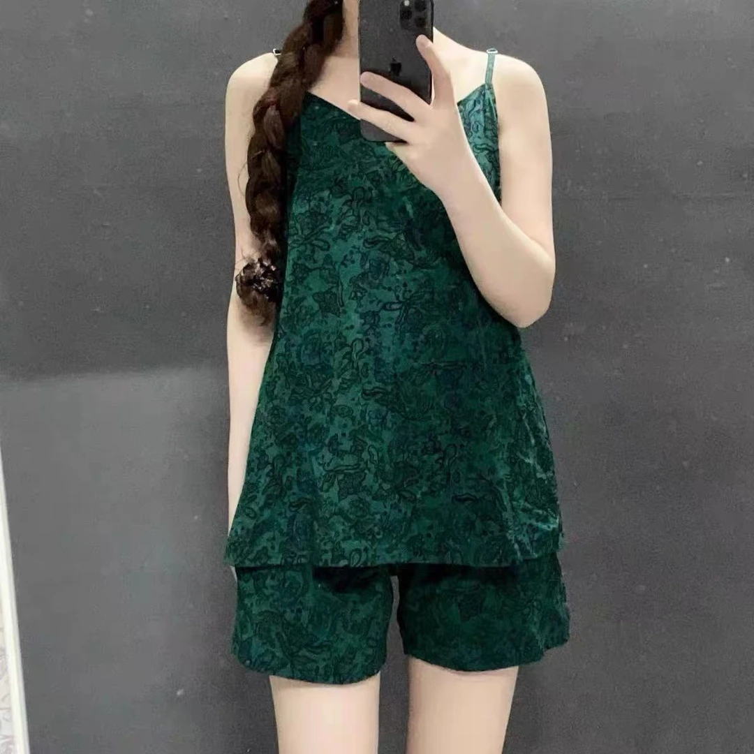 新中式墨绿色花卉吊带短裤睡衣套装女款性感带胸垫夏天薄款家居服
