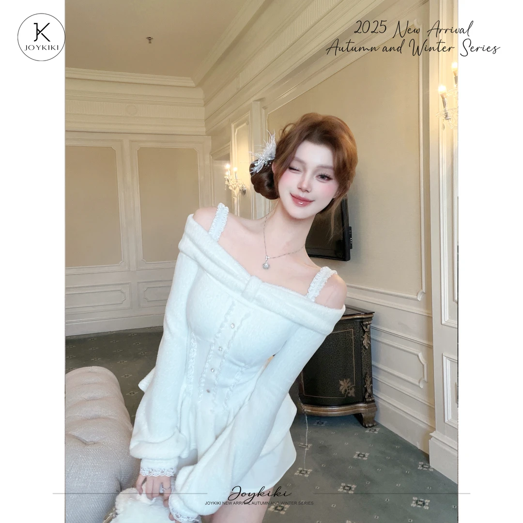 JOY KIKI鹅了么【明媚女主】纯欲千金风约会毛绒蕾丝拼接套装