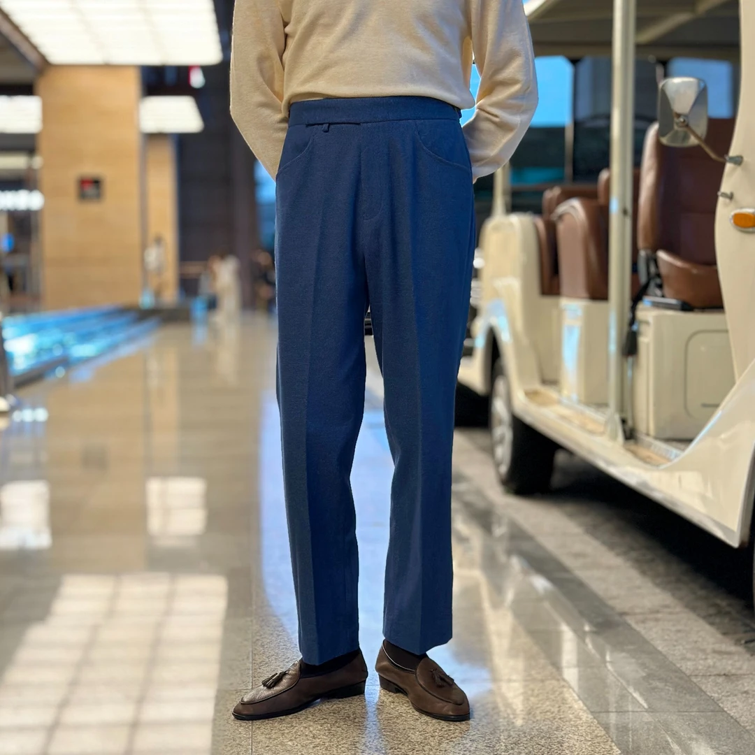 意式那不勒斯简约高级蓝色西裤休闲通勤修身男士长裤