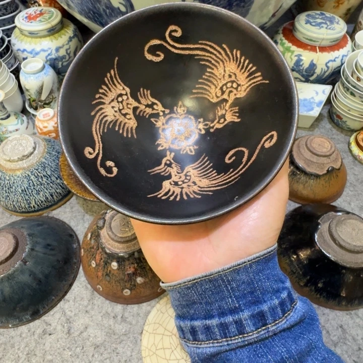 杯陶瓷工艺品摆件吉州窑凤纹盏