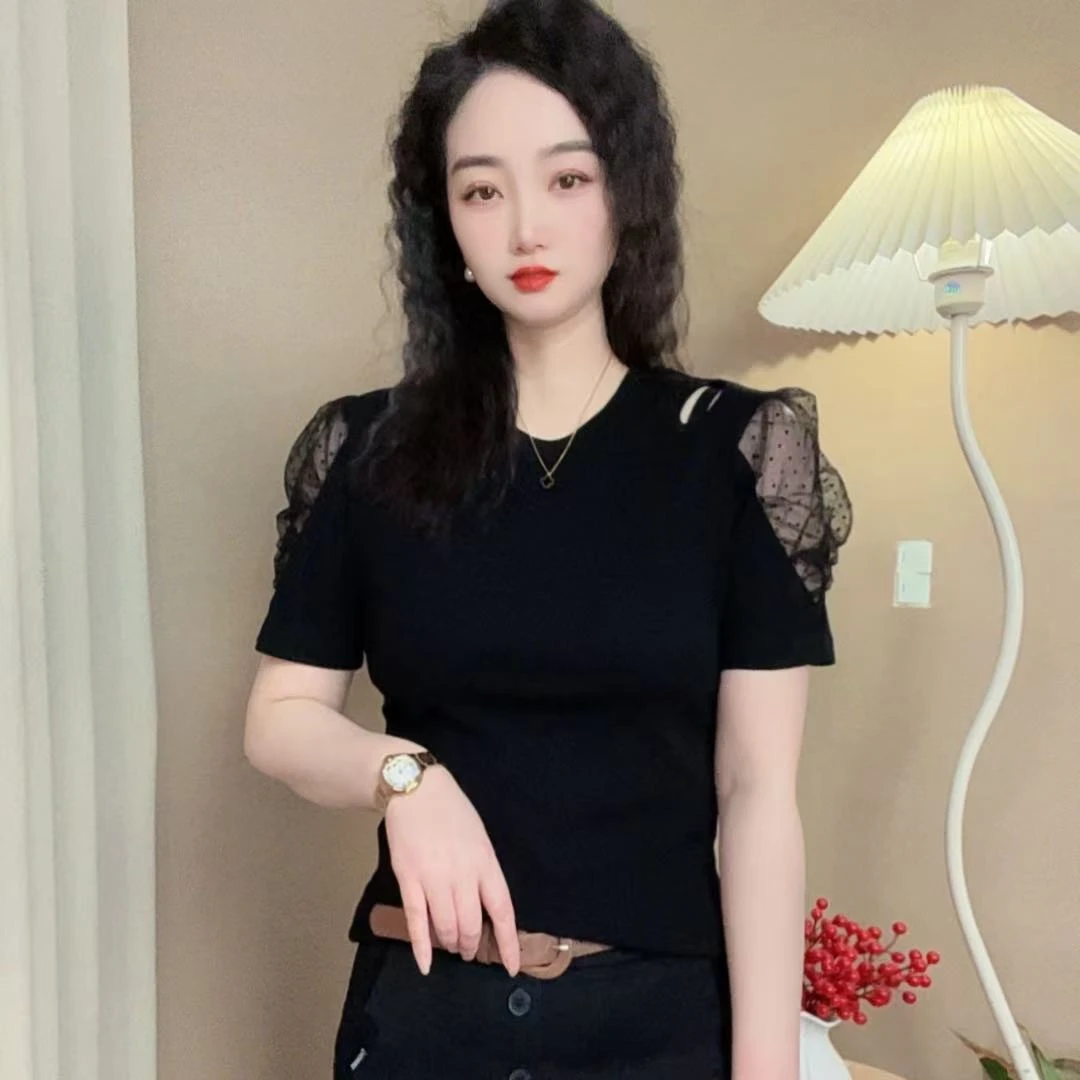 夏季新款时尚洋气圆领镂空露肩气质短袖T恤显瘦百搭减龄女t恤