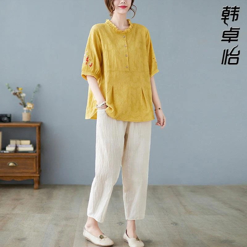 棉麻套装女夏新款复古文艺刺绣上衣大码宽松休闲裤妈妈亚麻两套