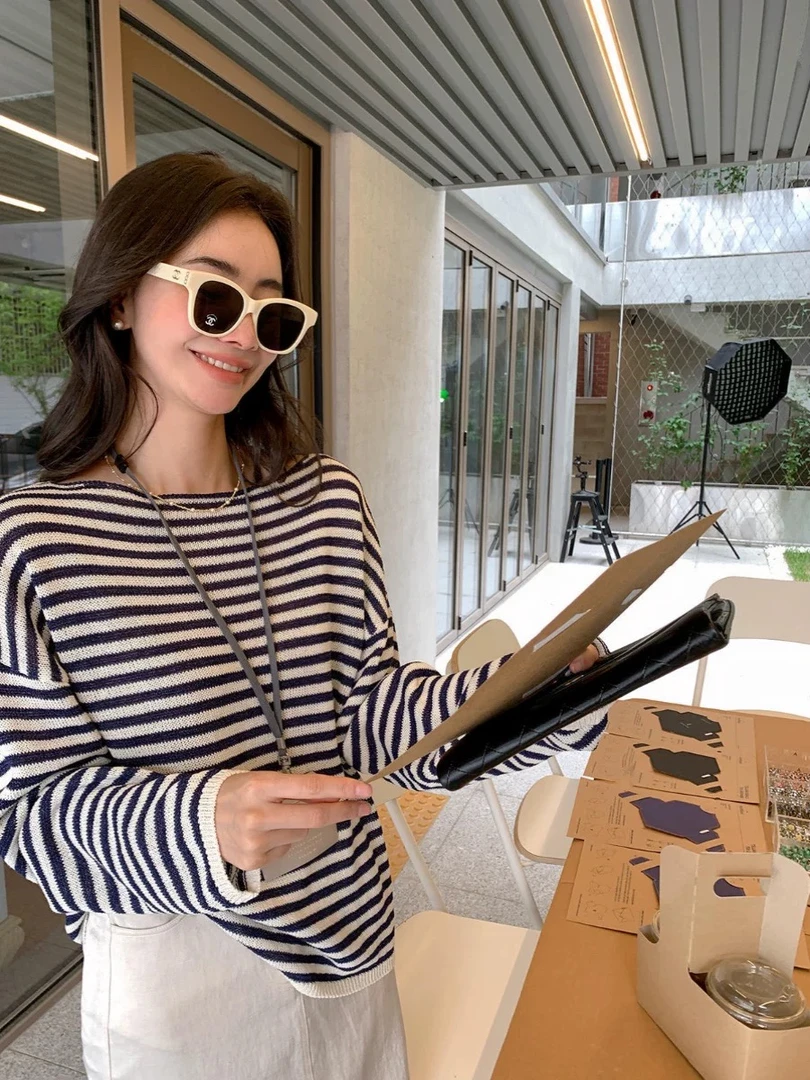 inward（9111#）韩系宽松慵懒感条纹撞色针织上衣【衣长66】