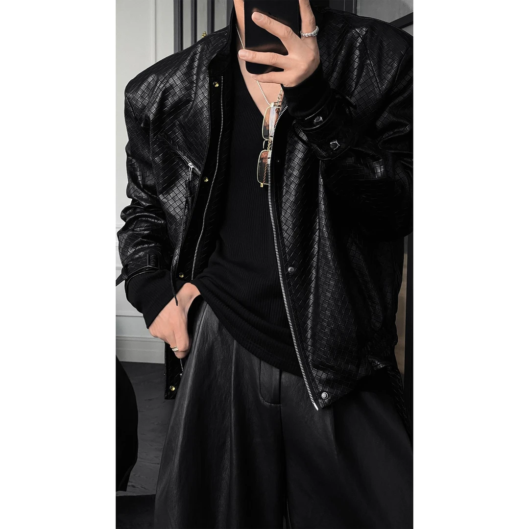 秋季新款纯色百搭美式复古编织设计款休闲外套潮流宽松机车夹克男