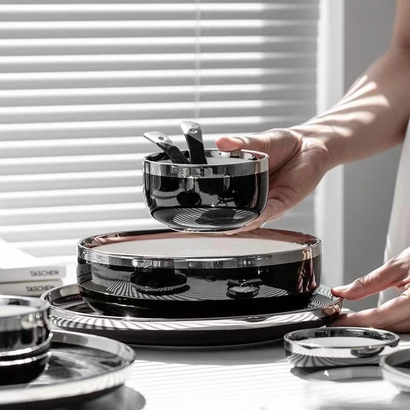 轻奢北欧风陶瓷碗菜盘黑色银边家用陶瓷饭碗鱼盘饭碗餐盘碗高颜值