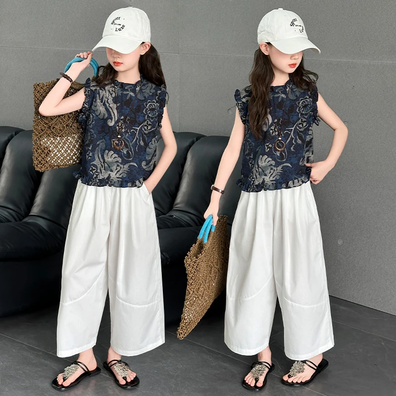 女童套装新款2025夏季装时尚洋气时髦大童女宝宝国风青花瓷两件套