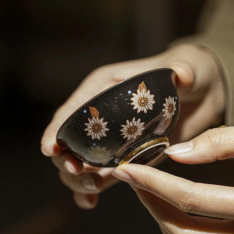向阳花开陶瓷主人杯功夫茶具描金茶杯圆口宽口品茗杯