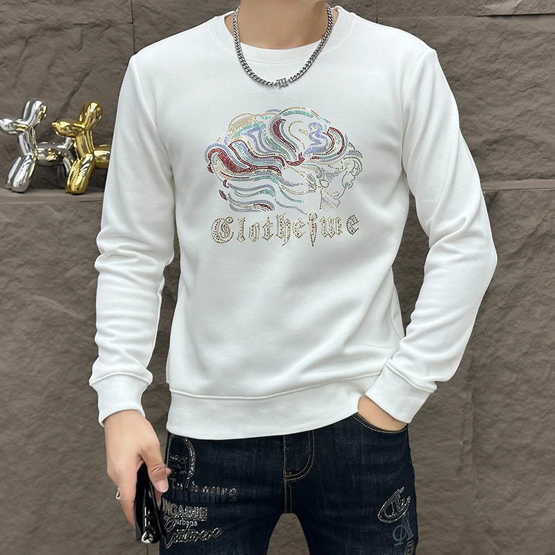 欧版高端烫钻卫衣男款2024秋季新款休闲时尚长袖修身潮牌圆领上衣