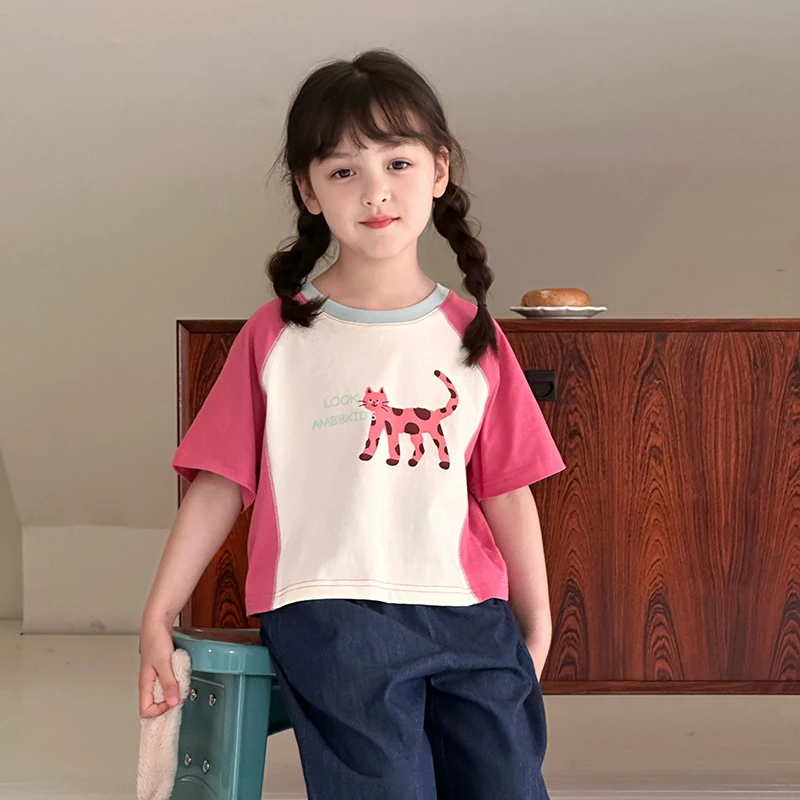 【依妈童品】儿童夏季时髦短款百搭拼色插肩T恤休闲撞色短袖 25E016