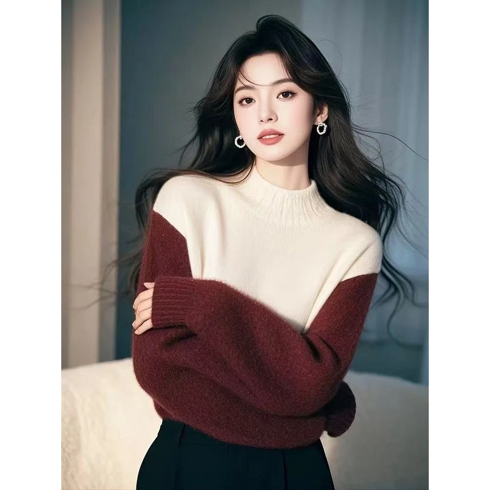 今年流行红白撞色半高领毛衣女2024冬季新款韩系气质慵懒风针织衫