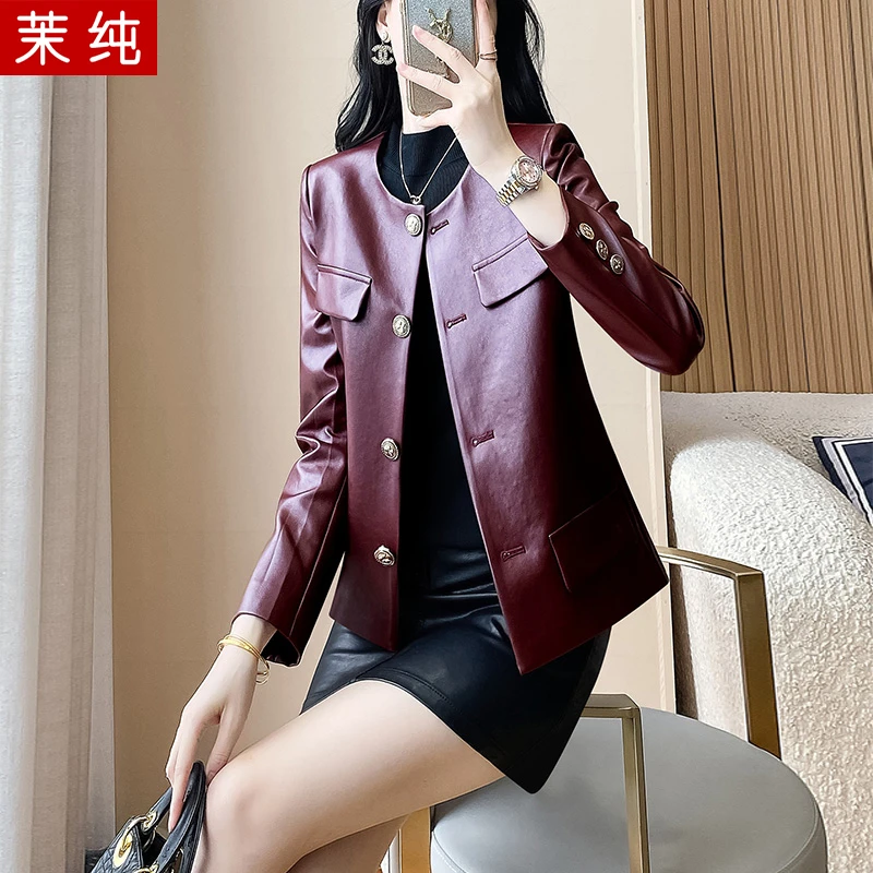 皮衣外套女2026超火棕红色长袖圆领上衣气质高端小个子港风皮夹克