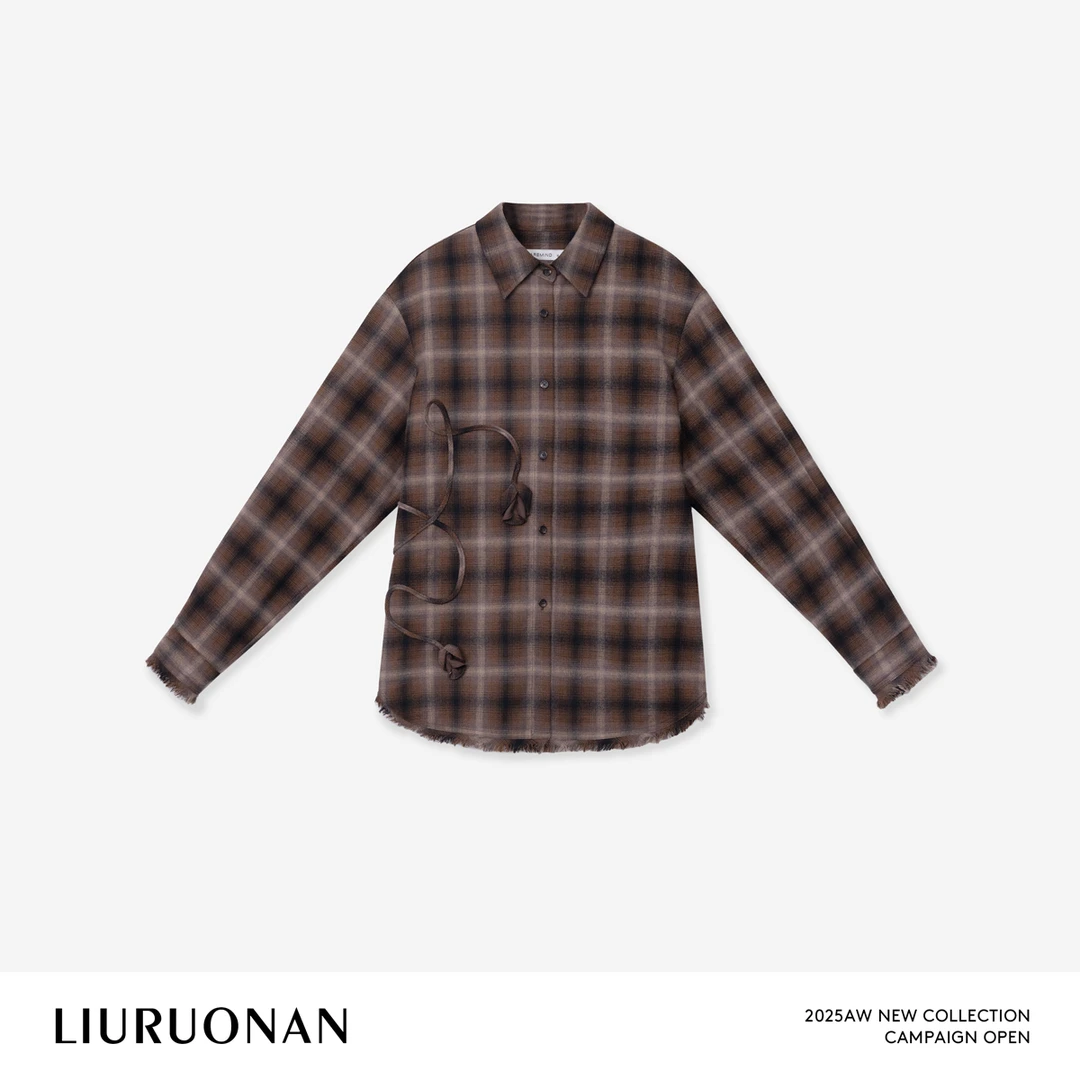 LIURUONAN 25FL【格子郁金香衬衣】复古格纹毛边设计感翻领长袖衬衫