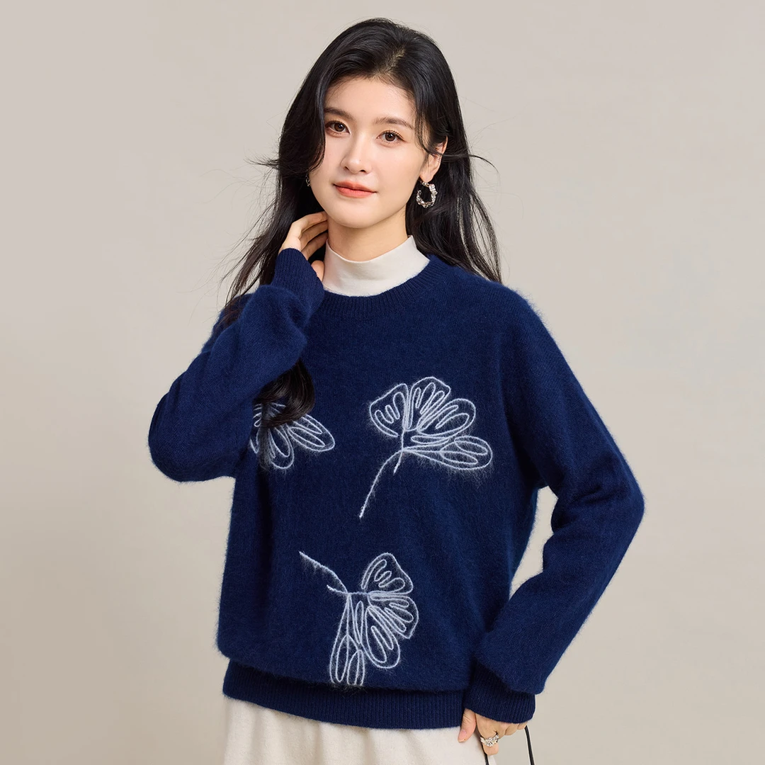 金菊【绵羊毛100%】冬季新款圆领毛绒刺绣文艺厚款清新女式羊毛衫