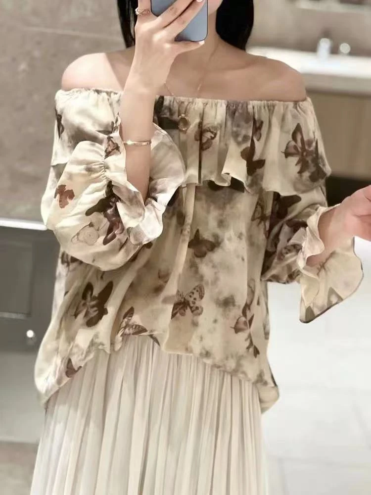 真丝小众桑蚕丝上衣印花蕾丝露肩一字肩荷叶边气质复古衬衣花色