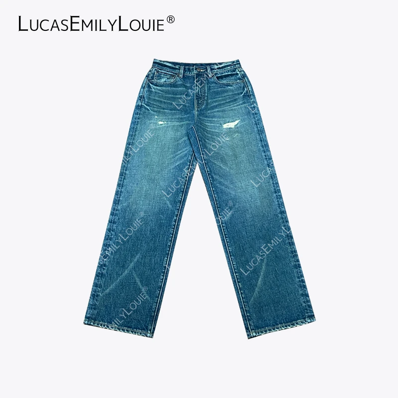 LUCASEMILYLOUIE 复古脏脏猫须纹水洗做旧磨破直筒牛仔裤2411118